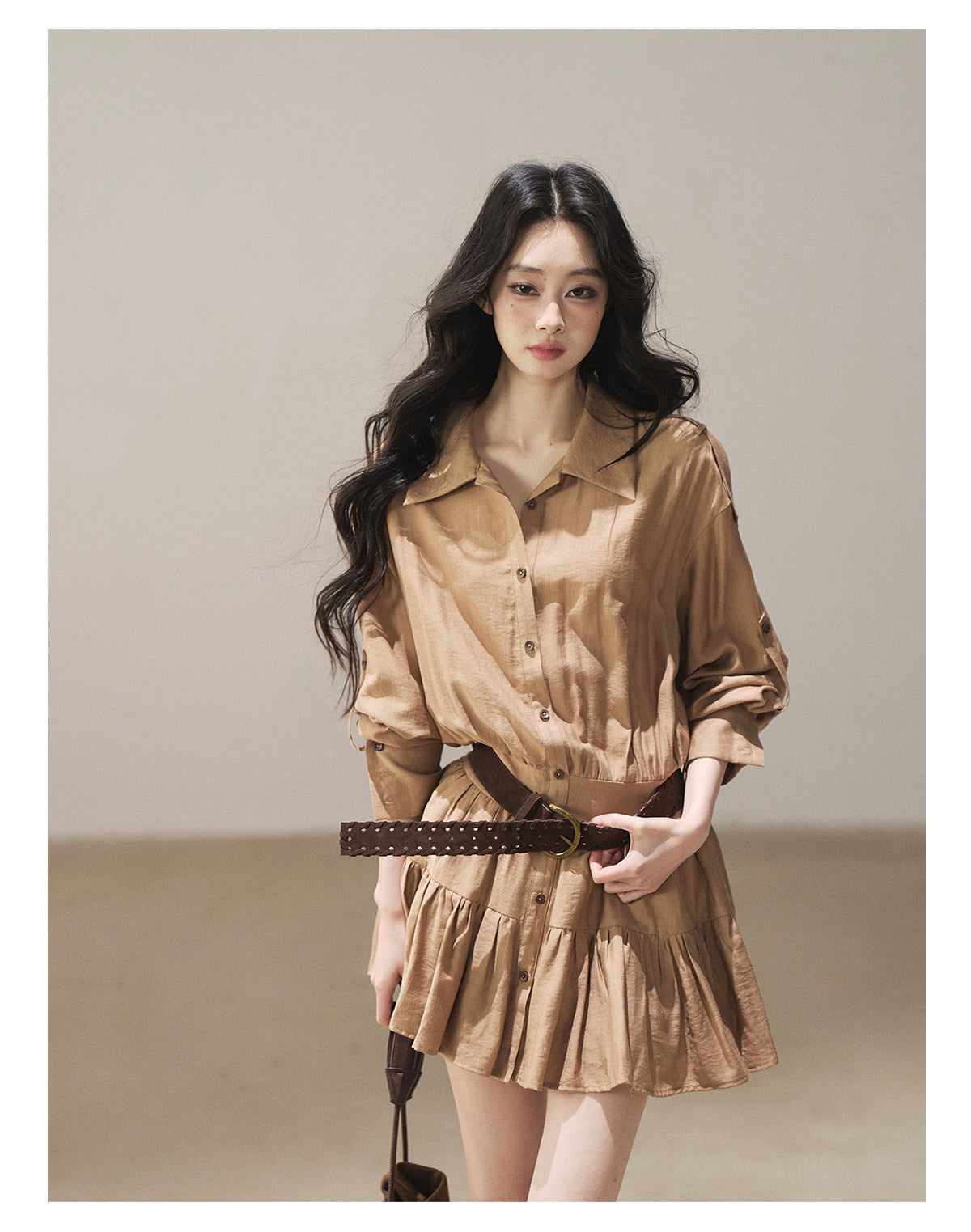 170726 "Through the Golden Wheat Fields" Chestnut Brown Utility Shirt Mini Dress with Belt & Shorts