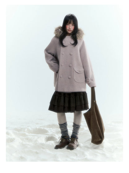 Japanese Hooded Double-Breasted Wool Coat (Deep Charcoal Gray / Taro Purple)