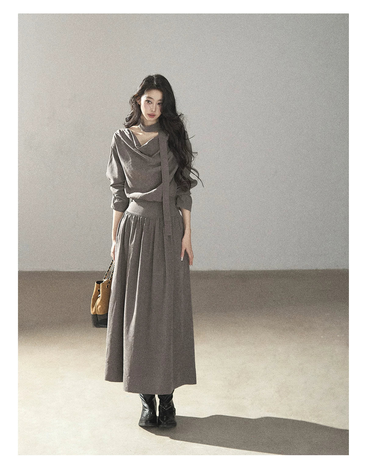 AOMALM - Gray-Purple Pleated Maxi Dress with High-Waisted Cinch Belt