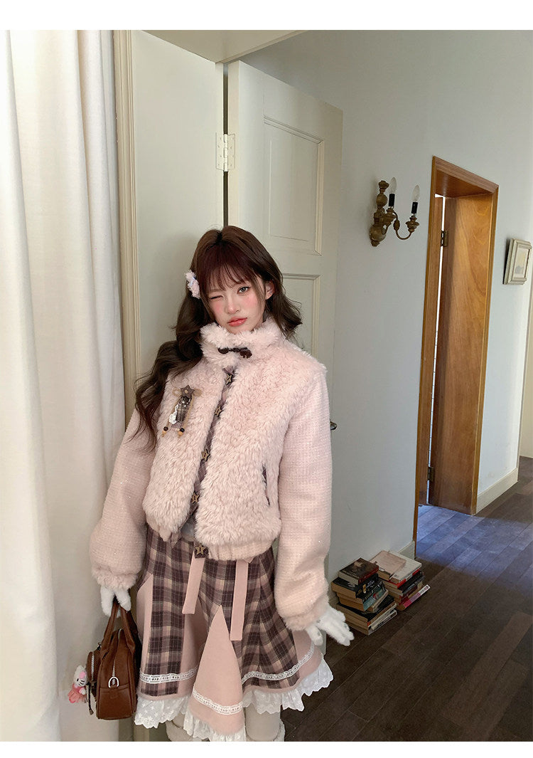 阮阮自制 - Love String Pink Plaid Wool Jacket & Mini Skirt Set
