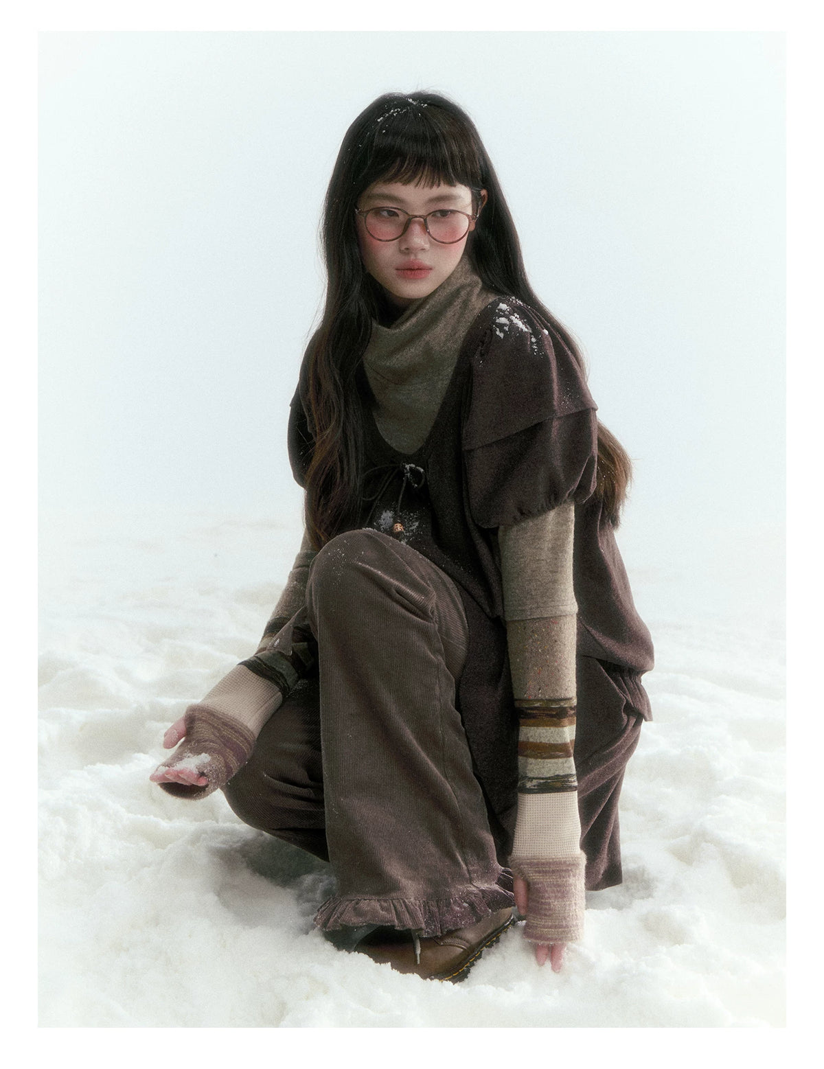 Horridale - Milk Tea Brown Floral Belt Corduroy Flare Pants