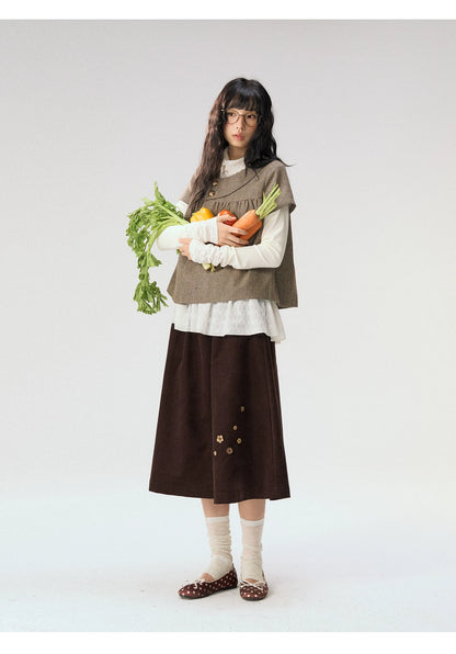 [CAN] “Autumn Plaid Letter” Brown Houndstooth Asymmetric Collar Top