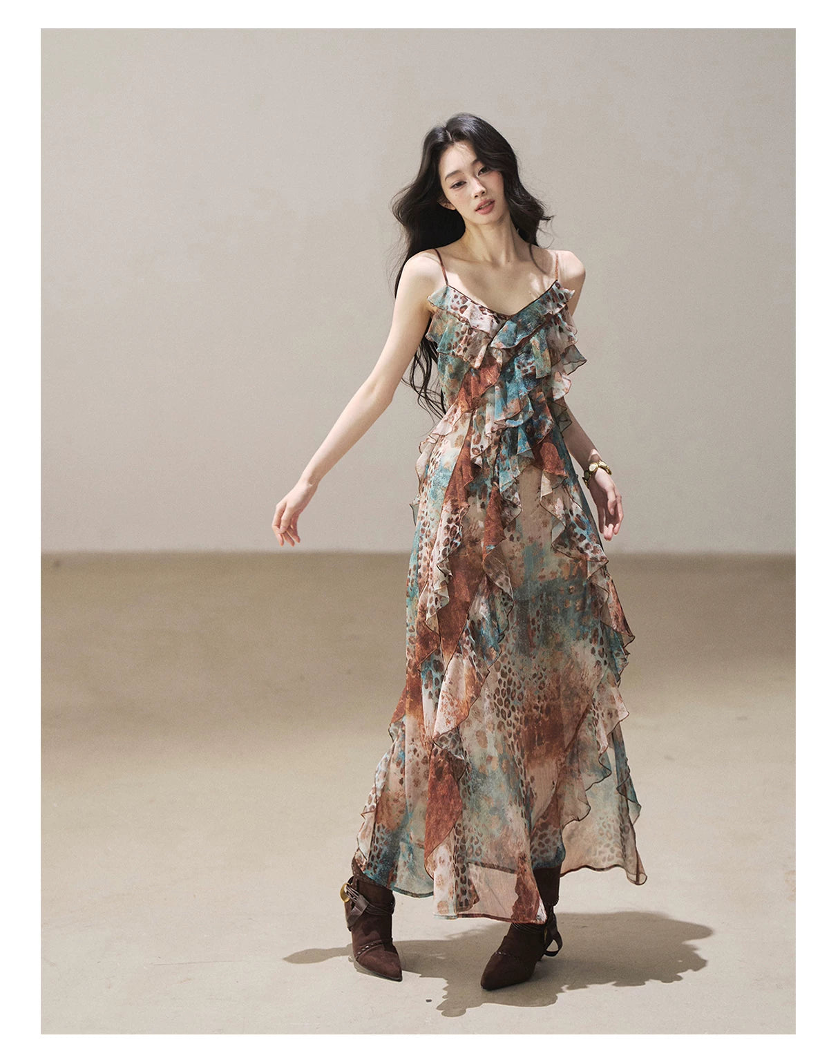 "She Never Looks Back" Peacock Blue Leopard Chiffon Maxi Dress