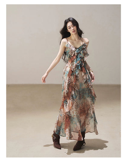 "She Never Looks Back" Peacock Blue Leopard Chiffon Maxi Dress