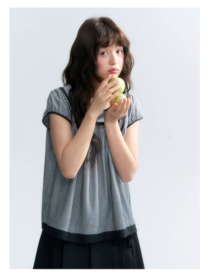 "Black Toast" Black Stripe Asymmetrical Collar Babydoll Blouse