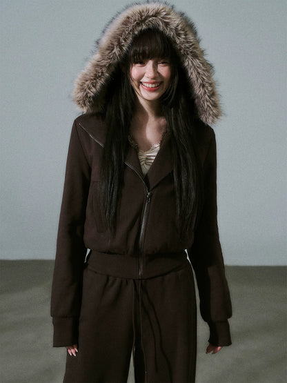 LOST FOREST - Dark Brown High-Waisted Fleece-Lined Sweatshirt Jacket