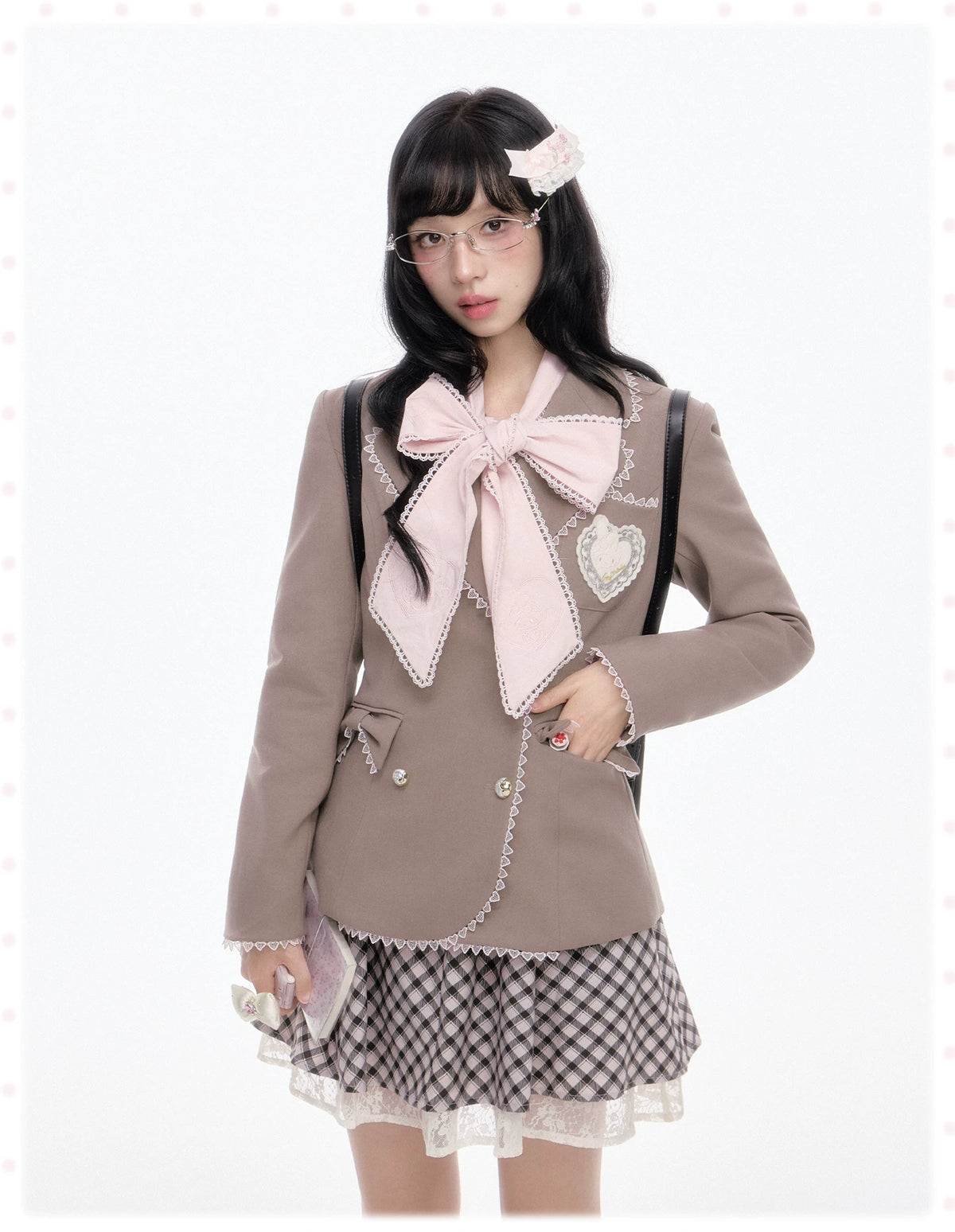 “Melody Academia” Pink Blazer + Blush Pink Shirt + Black & White Plaid Skirt Set