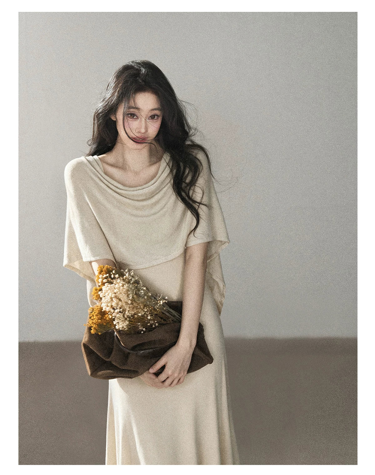 AOMALM - French-Inspired Two-Piece Maxi Dress Set with Layered Cape Overlay