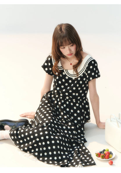 "Midnight Waltz Letter" Black Polka Dot Tiered Dress LL2026225