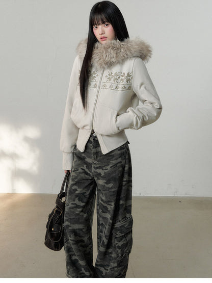 Soote Season - Oat Gray Studded Faux Fur Hoodie Jacket with Fur Collar