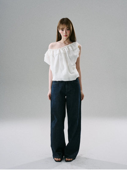 LOST FOREST - Natural Linen-Blend Drawstring Shoulder Top