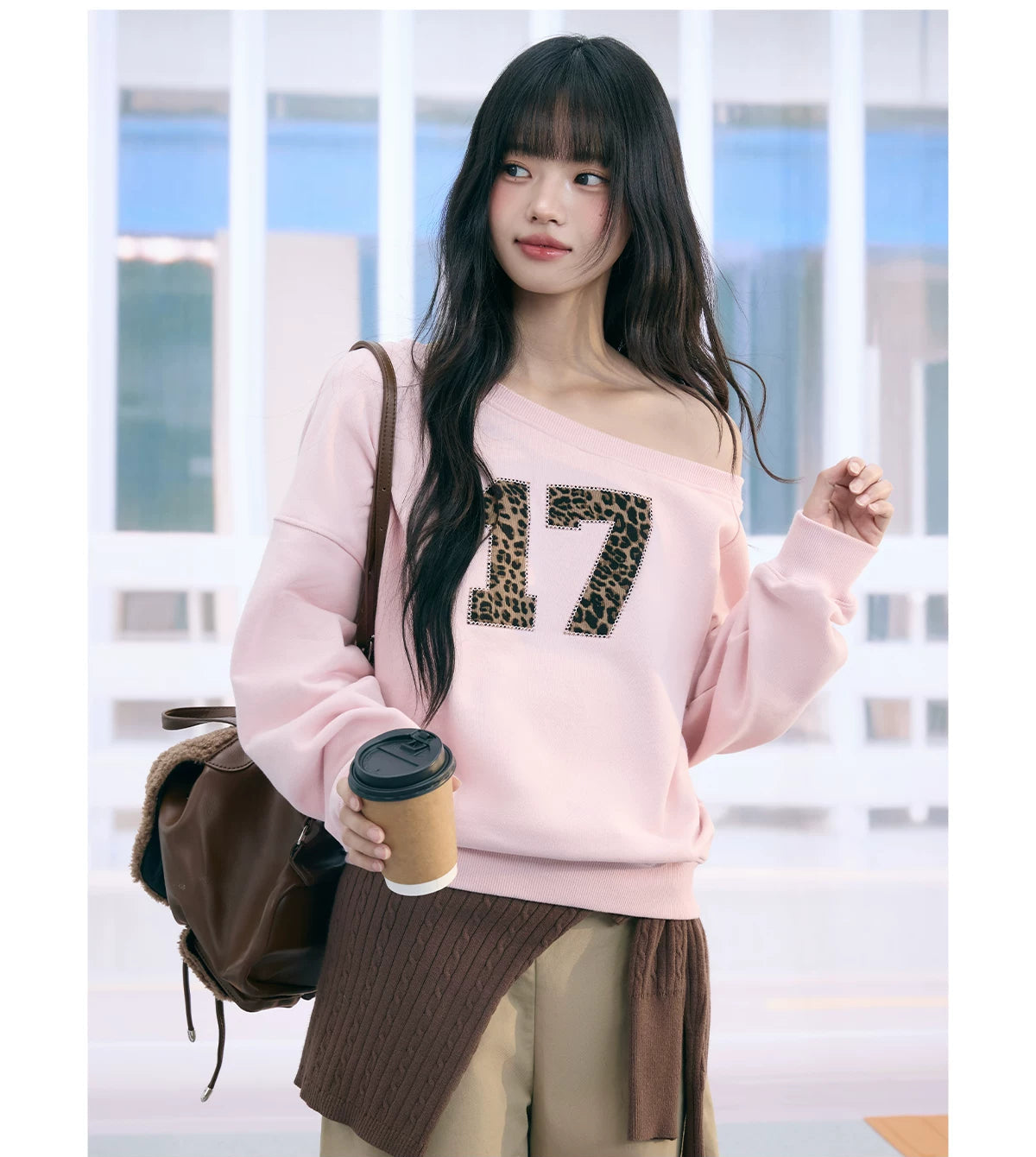 "Pink Panther Mood" Blush Pink Leopard Patch One-Shoulder Sweatshirt