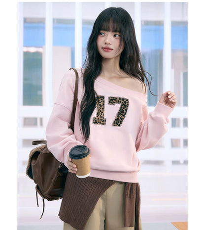 "Pink Panther Mood" Blush Pink Leopard Patch One-Shoulder Sweatshirt