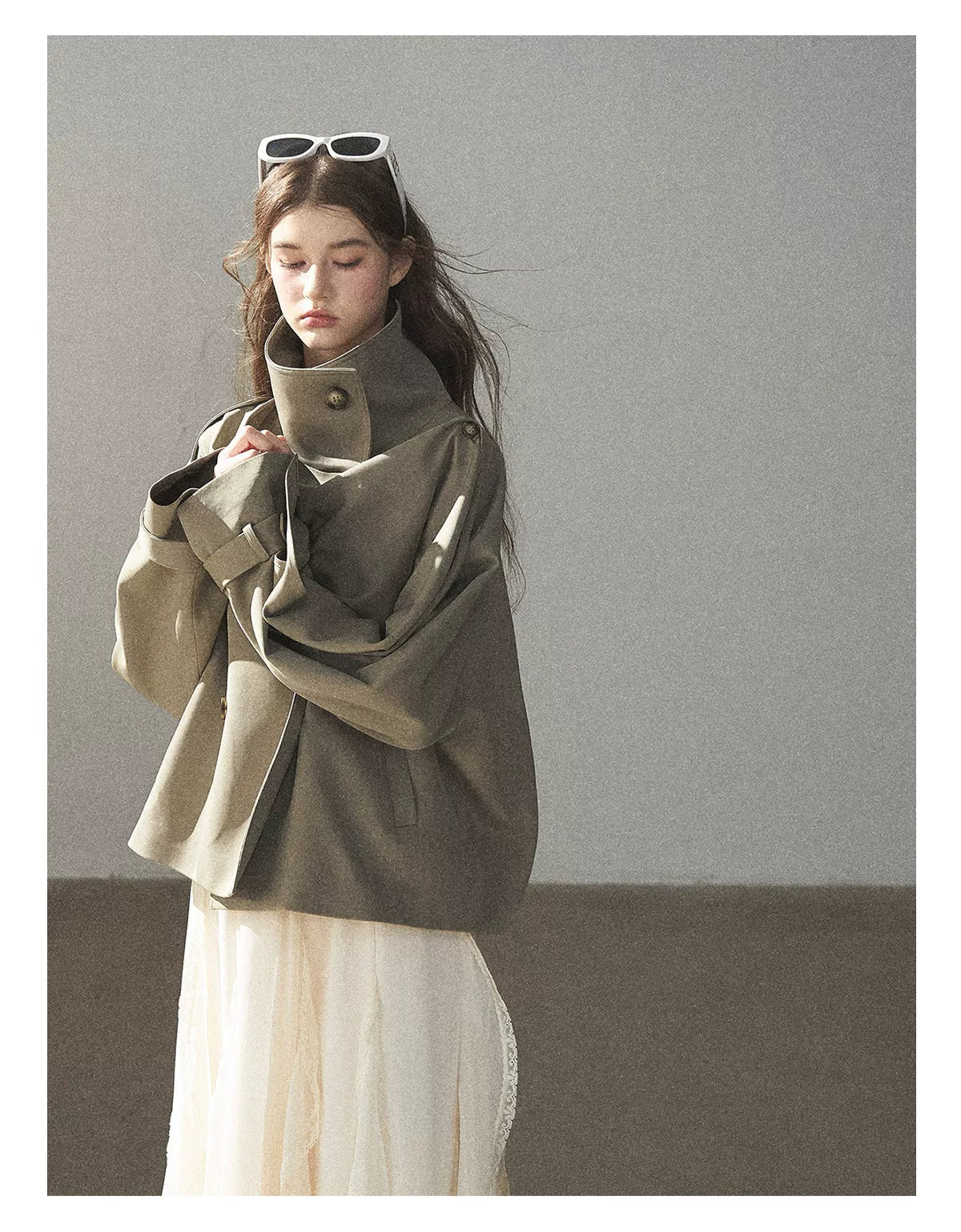 Gray Funnel-Neck Double-Breasted Short Trench Coat