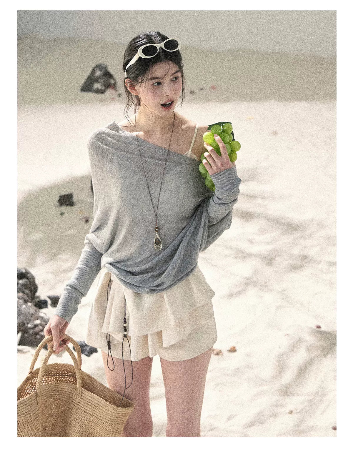 "Misty Veil Whisper" Cloud Trail Gray Off-Shoulder Sheer Sun Protection Top 5345634