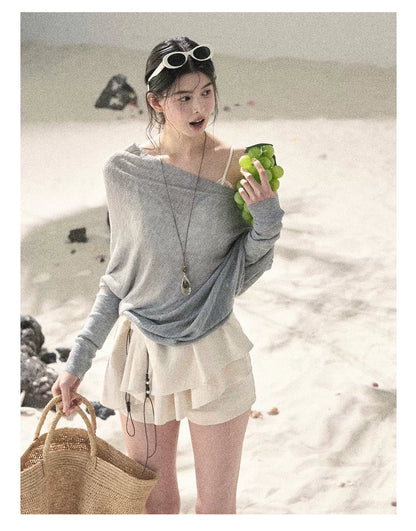 "Misty Veil Whisper" Cloud Trail Gray Off-Shoulder Sheer Sun Protection Top 5345634