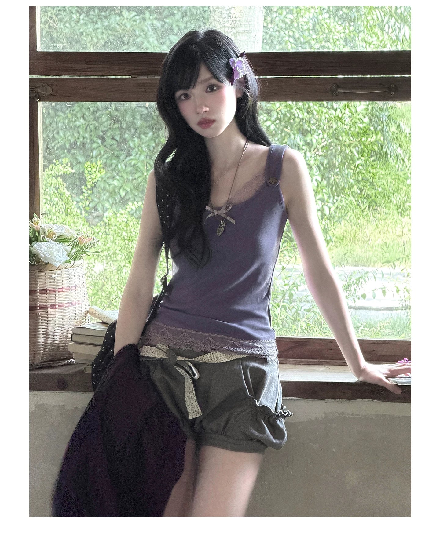 "Sage Whisper" Two-Tone Lace Cami Top (Sage Stripe / Lavender)