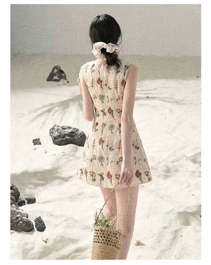 "Wildflower Daydream" Dutch Cream Embroidered Mini Dress - Sleeveless 45684