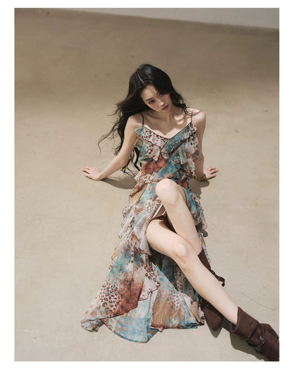 "She Never Looks Back" Peacock Blue Leopard Chiffon Maxi Dress