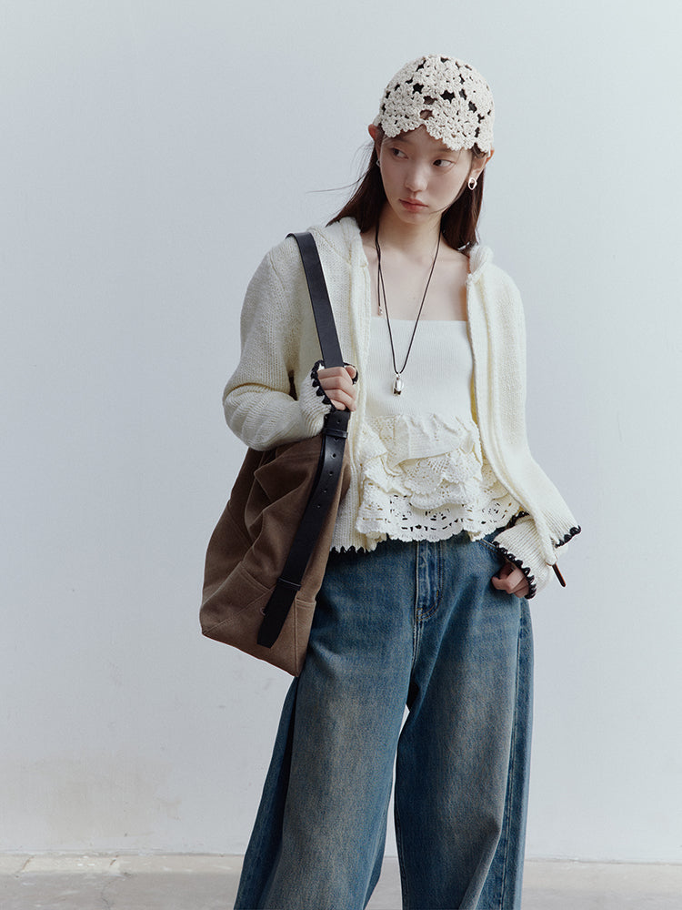 FUSSED Almond Cream Cropped Hooded Knit Jacket with Contrast Shell Embroidery FOF-25SS174