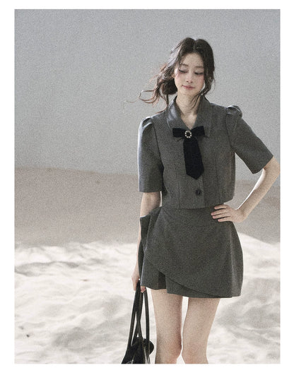 "Paris Afternoon" Slate Gray Bow Top & A-Line Mini Skirt Two-Piece Set