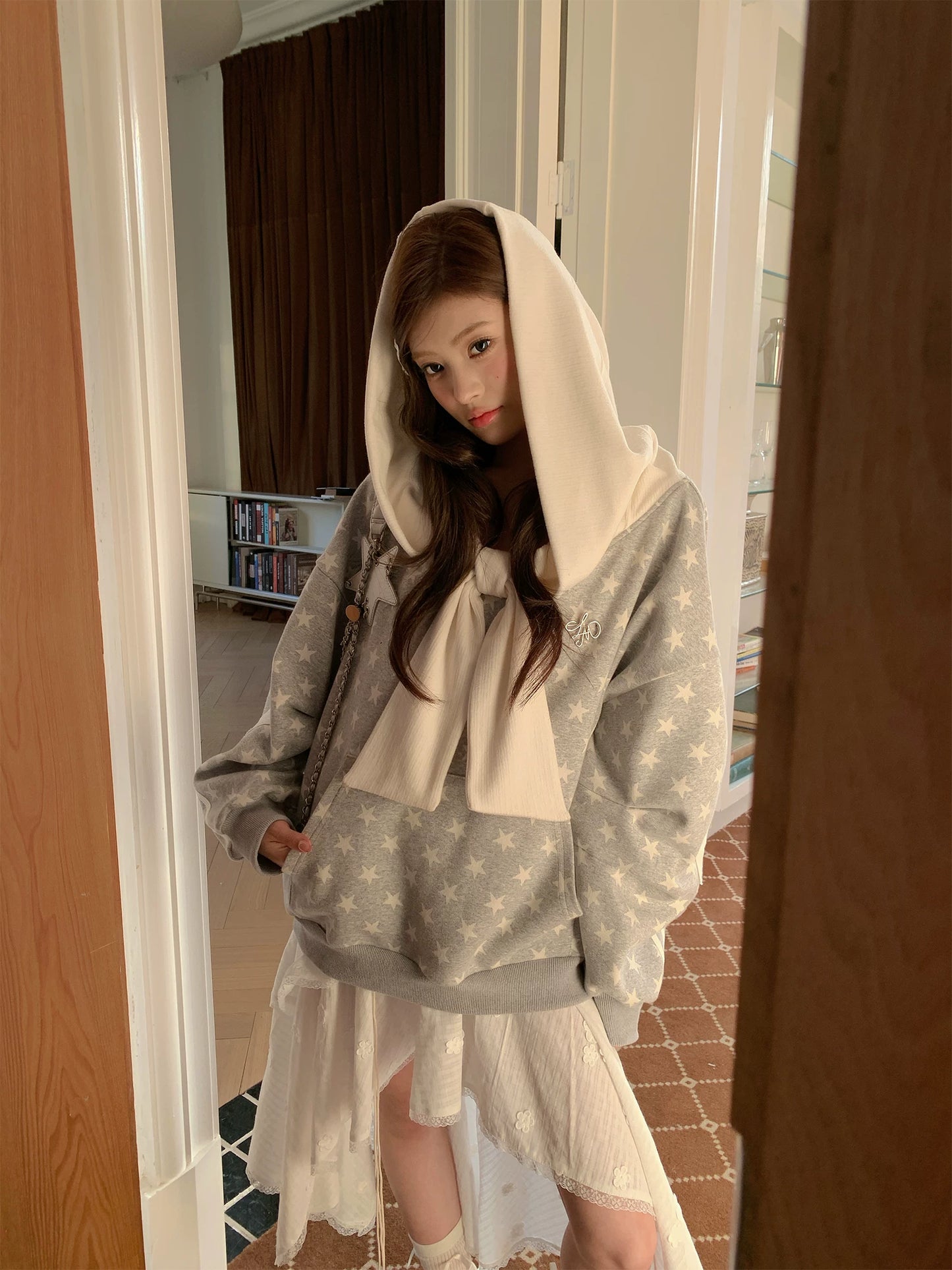“Starlit Ribbon Reverie” Grey Off-Shoulder Hoodie