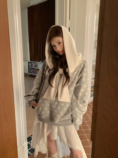 “Starlit Ribbon Reverie” Grey Off-Shoulder Hoodie