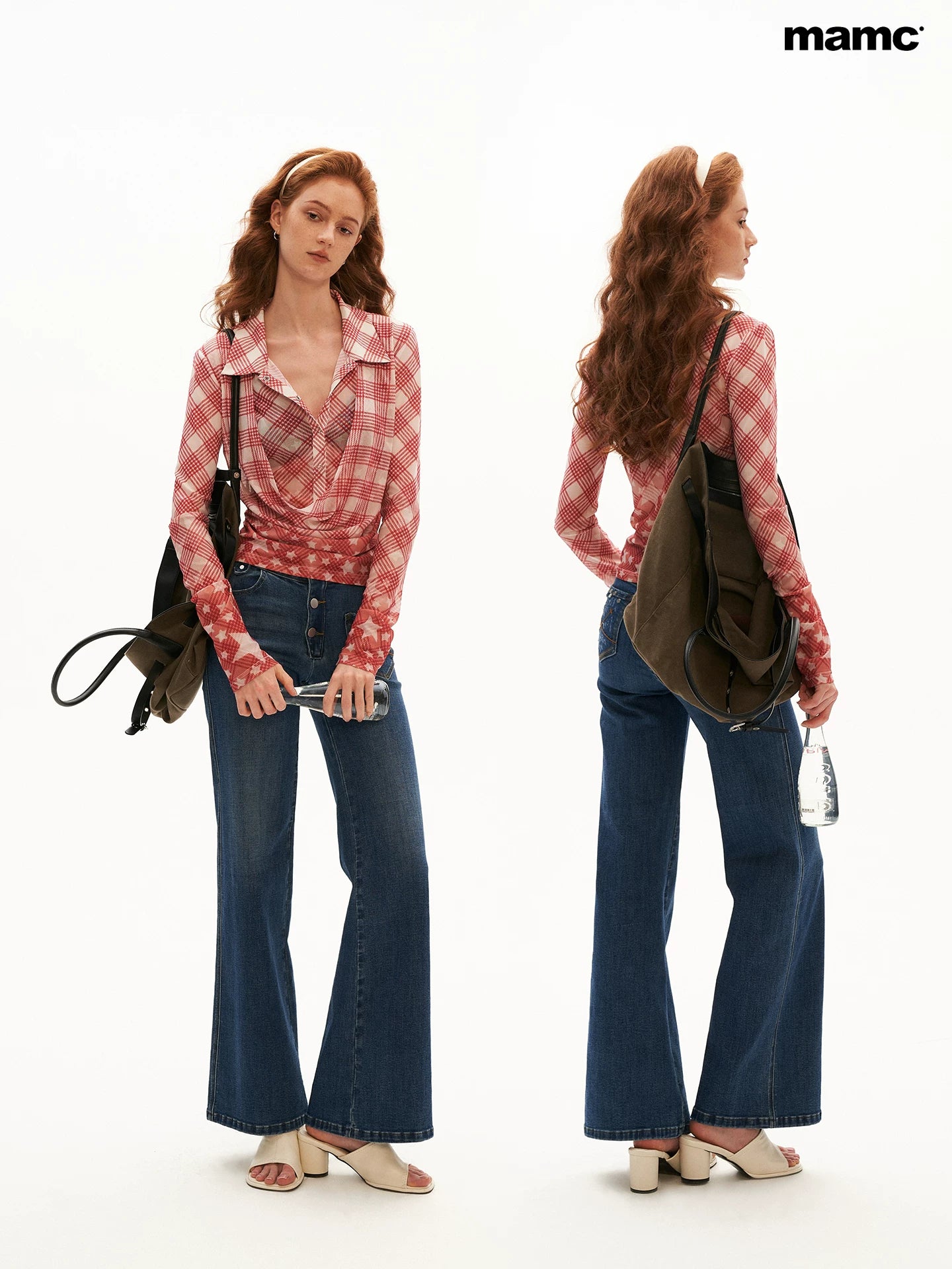 Layered Plaid Mesh Long Sleeve Shirt (Red / Blue)