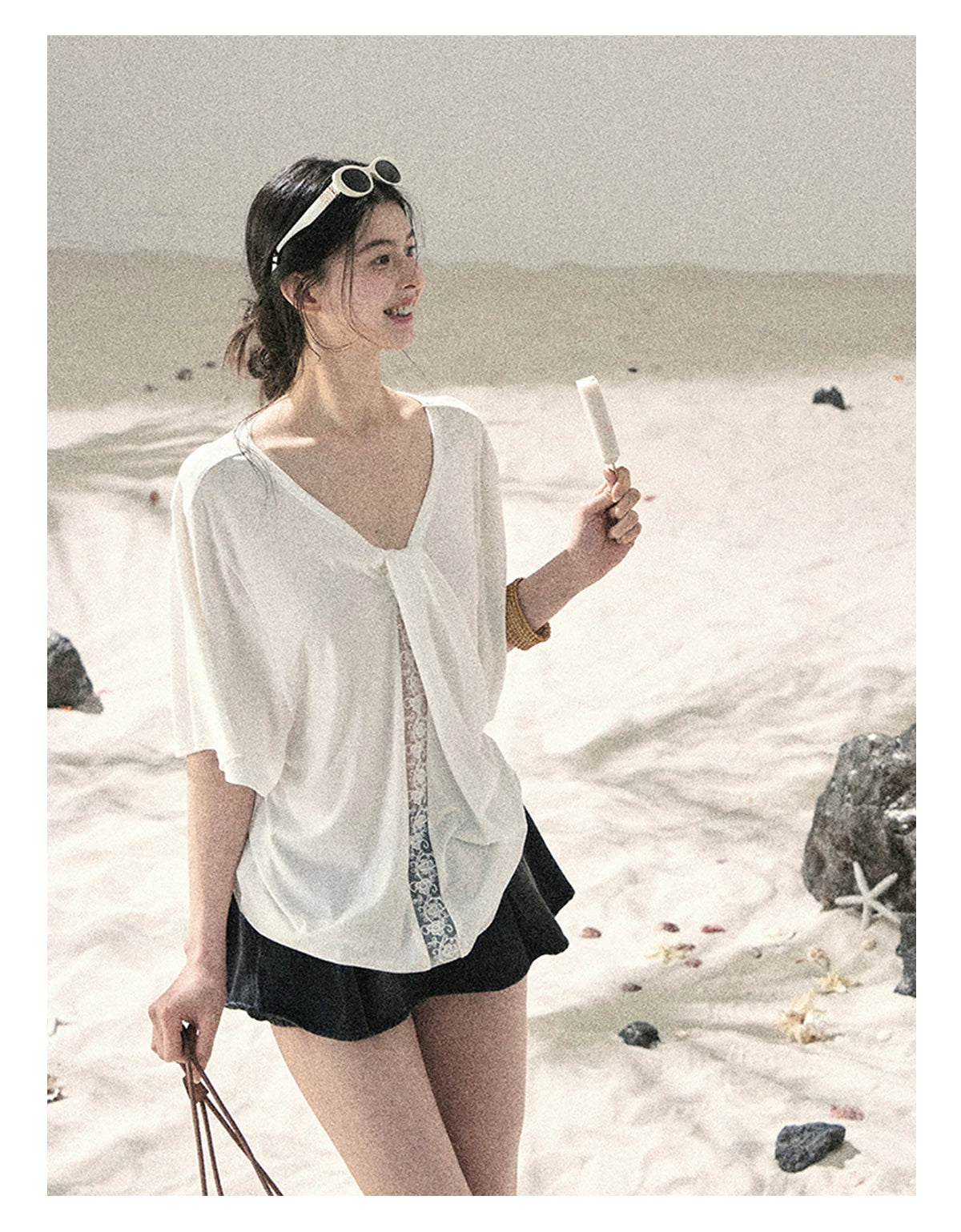 "Undisturbed Mist" Cloud White Lace Cutout V-Neck T-Shirt 45638453