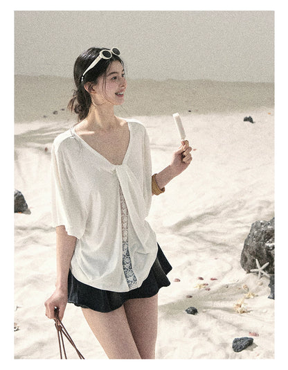 "Undisturbed Mist" Cloud White Lace Cutout V-Neck T-Shirt 45638453