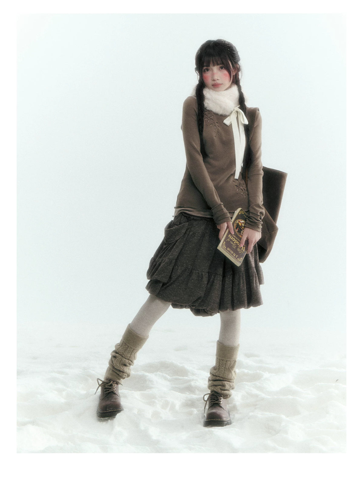 Horridale - [FREE GIFT] Vintage Bow-Tie Faux Fur Collar Scarf (Cream White / Brown)