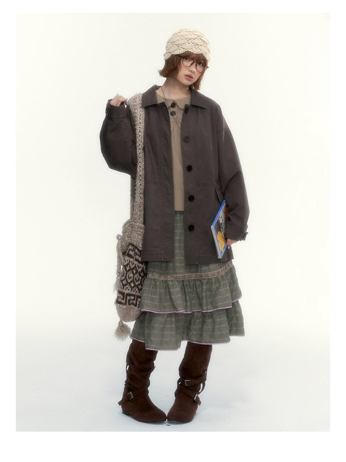 "The Vintage Darling" Light Coffee Plaid Cotton Peter Pan Collar Blouse