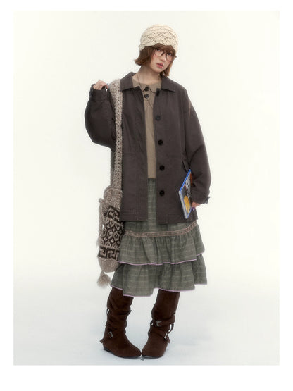 "The Vintage Darling" Light Coffee Plaid Cotton Peter Pan Collar Blouse