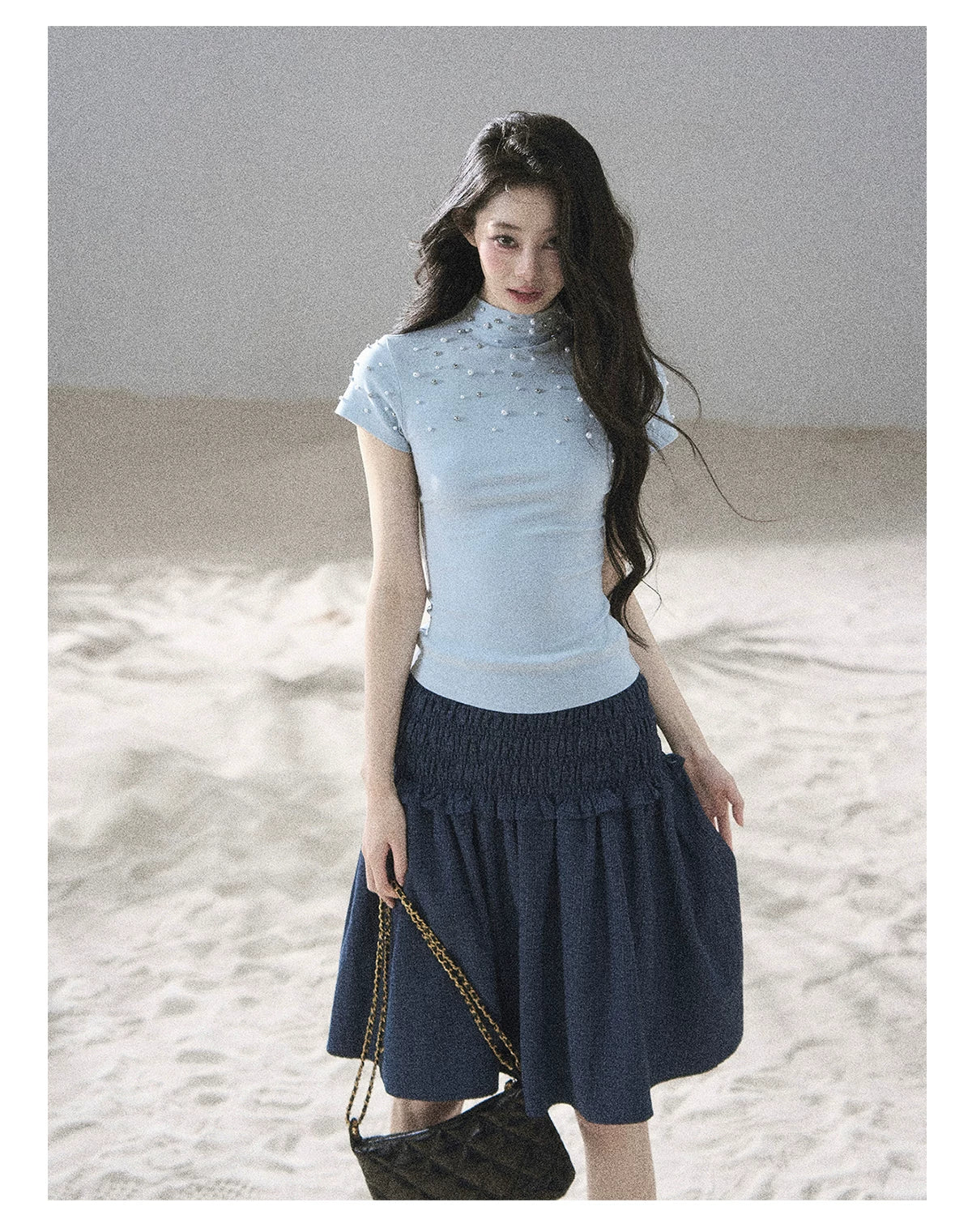 "Scattered Across the Milky Way" Pearl Beaded Knit T-Shirt (Haze Blue/ Sage Gray)
