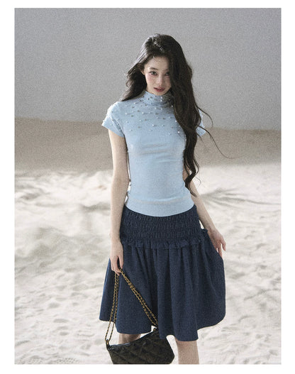 "Scattered Across the Milky Way" Pearl Beaded Knit T-Shirt (Haze Blue/ Sage Gray)