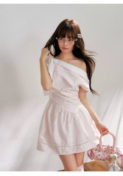 “Cloud Ballet Reverie” Blush Pink Off-Shoulder Dress