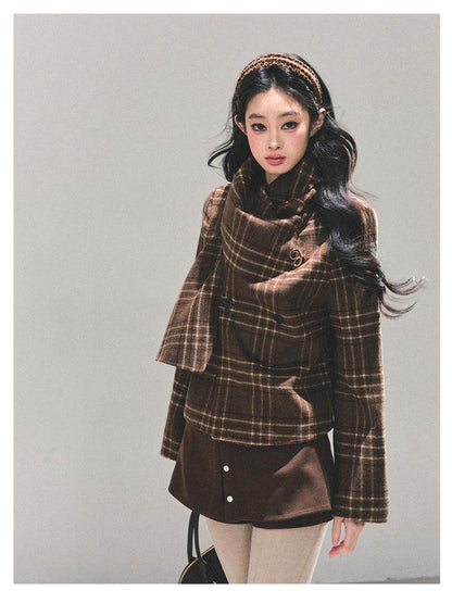 少也眼 “Twilight Forest" Woolen Oversized Coat - Plaid Brown