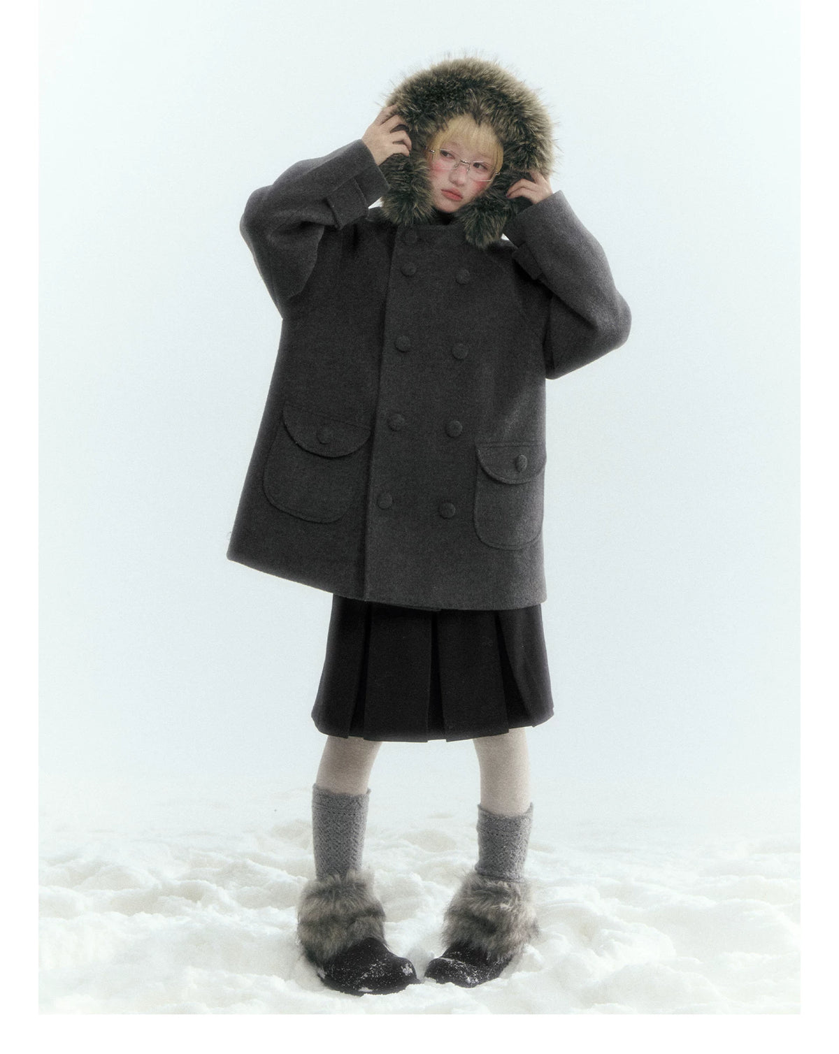 Japanese Hooded Double-Breasted Wool Coat (Deep Charcoal Gray / Taro Purple)