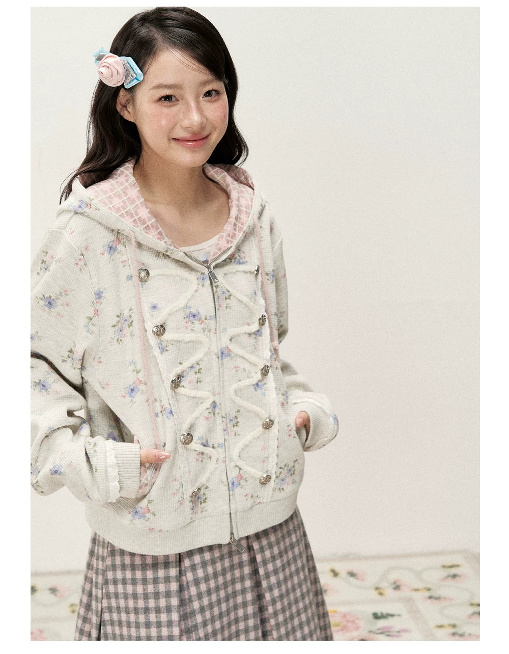 [RF] Vintage Floral Waffle Knit Hoodie Cardigan with Gingham Lining