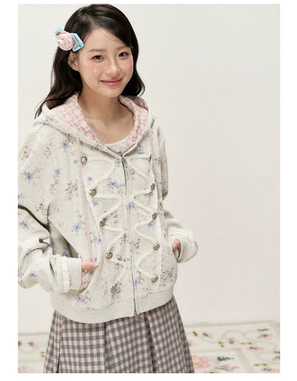 [RF] Vintage Floral Waffle Knit Hoodie Cardigan with Gingham Lining