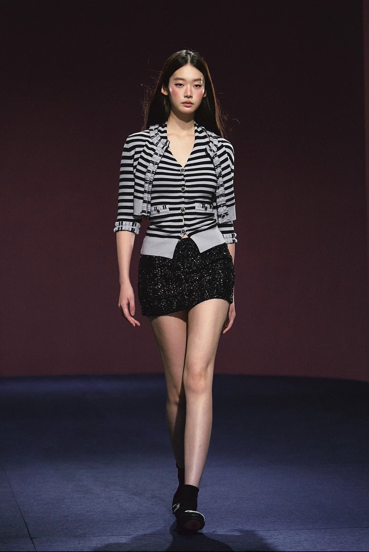 "City Contrast" Black & White Stripe Knit Cami & Cardigan Set