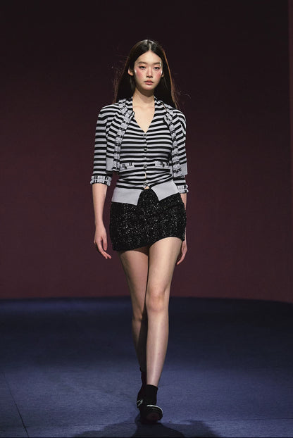 "City Contrast" Black & White Stripe Knit Cami & Cardigan Set