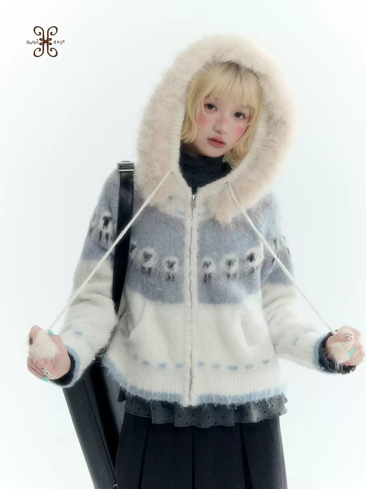 Horridale - Ice Blue White Sheep Jacquard Hooded Knit Cardigan