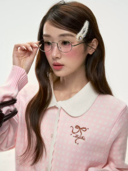 BIBIBENCY - Pink Plaid Bow Knit Sweater