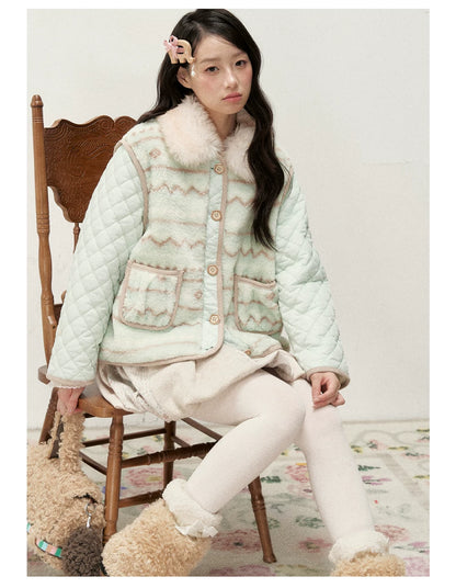 RF - Mint Green and Light Brown Fair Isle Quilted Faux Fur Vest Jacket