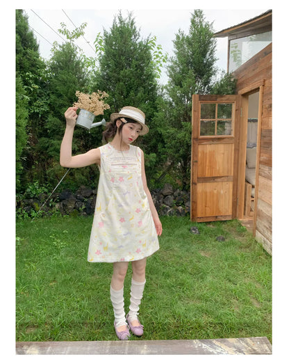 [RF] “Starry Pals” Ivory Animal Print Lace-Trim Sleeveless Mini Dress