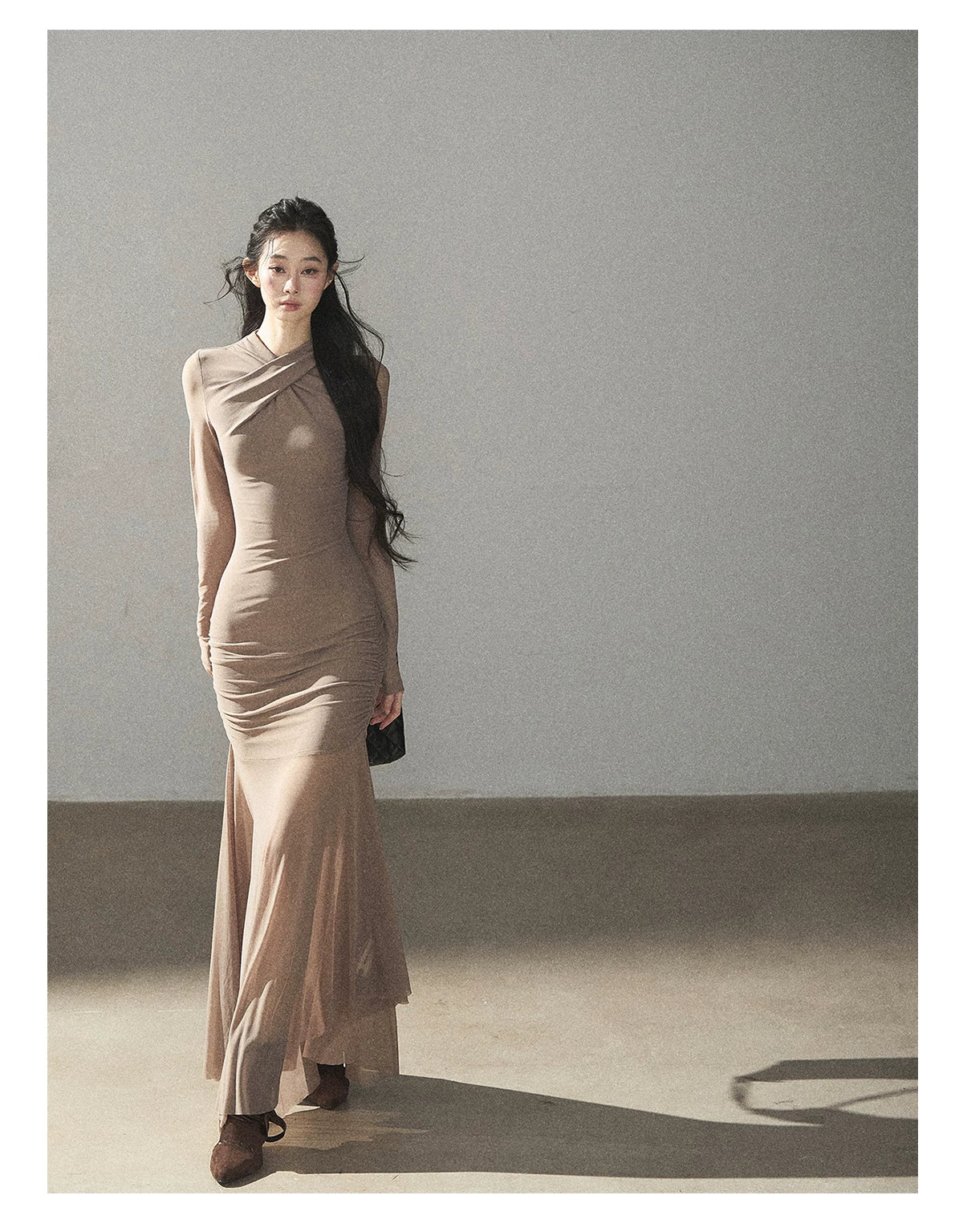 AOMALM - Milk Tea Ruched Mesh Mermaid Maxi Dress
