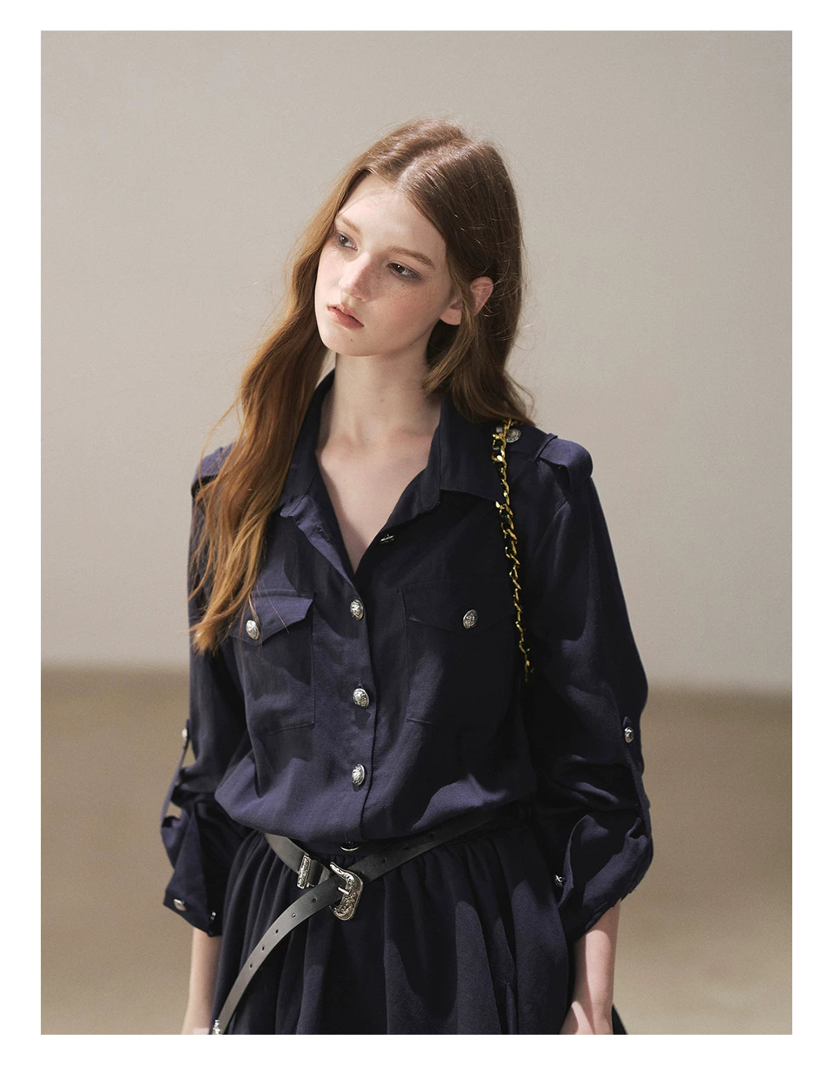 AOMALM - "Moonlight Sinks into the Sea" High-Intellect Utility Shirt Dress (Plain White / Navy Blue, with Belt & Optional Shawl)