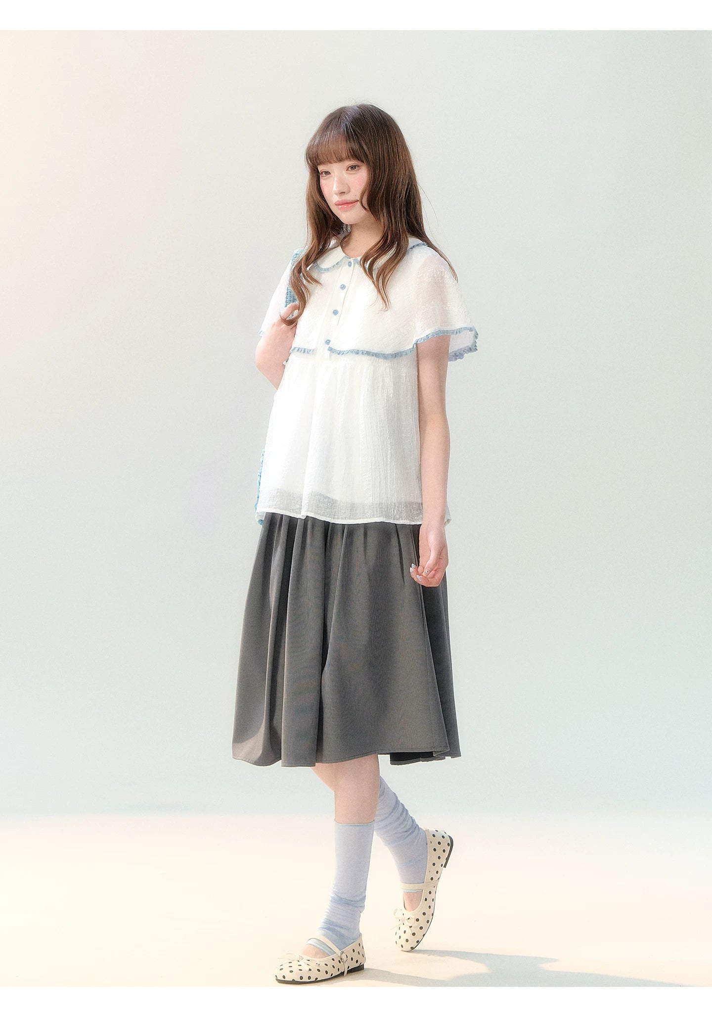 "Cloudside Letter" White Cape Collar Babydoll Blouse LL2026218