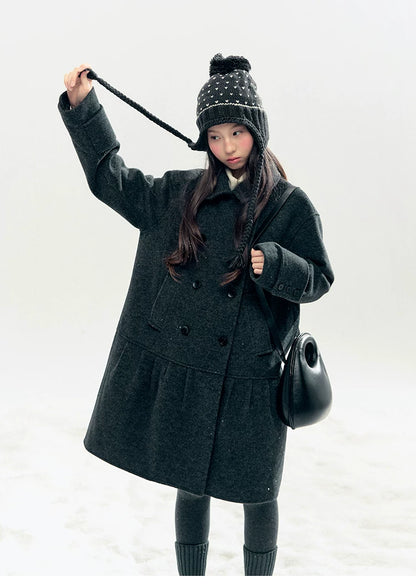 "Winter Chime" Double-Breasted Quilted Wool-Blend Coat (Smoky Purple/ Ash Gray)